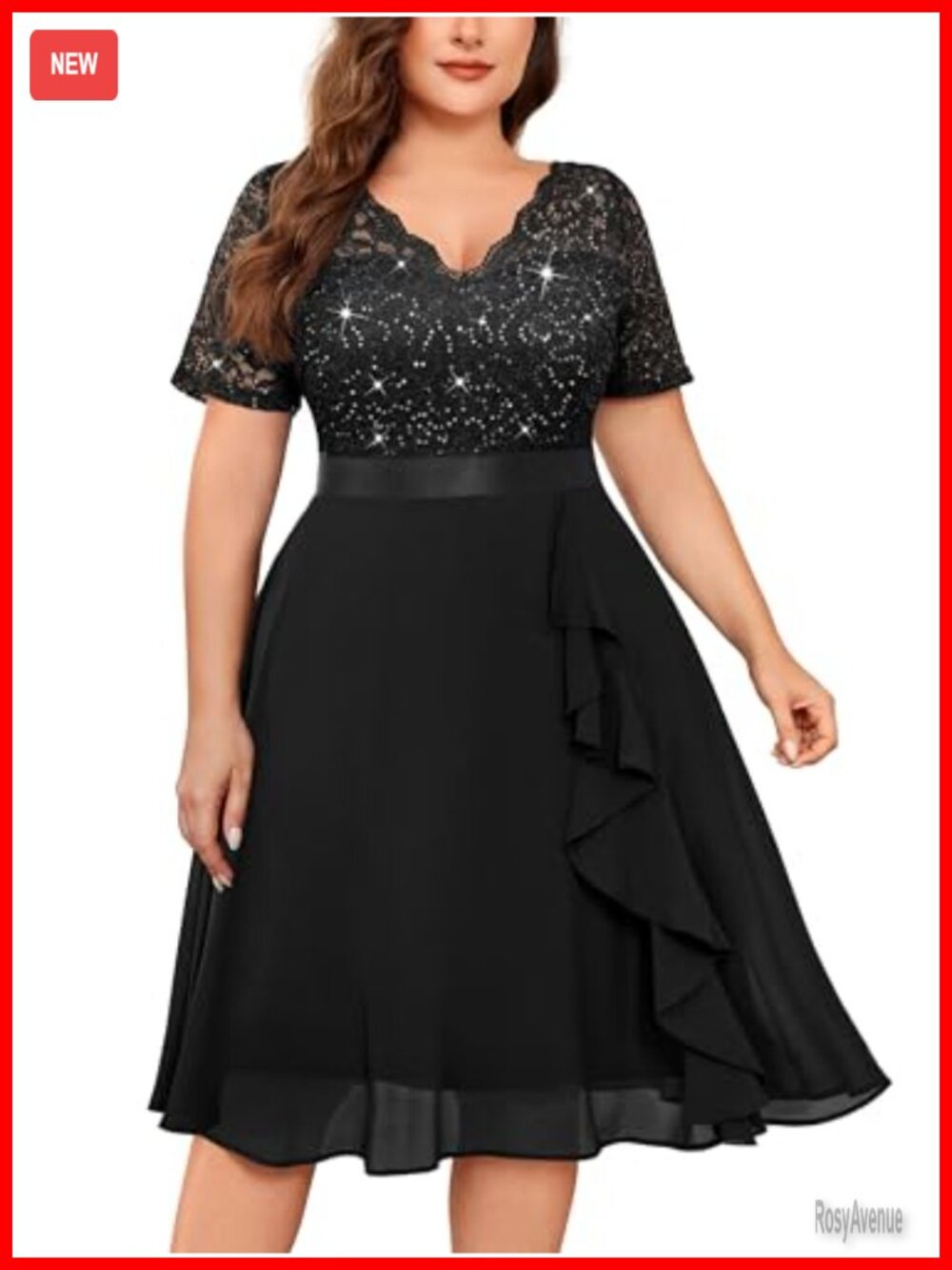 Plus Size Sequin Lace Chiffon V-Neck Flowy Cocktail Party Midi Dress